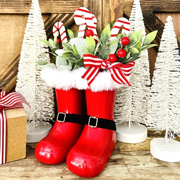 Ceramic Santa Boots with Wood Floral Picks